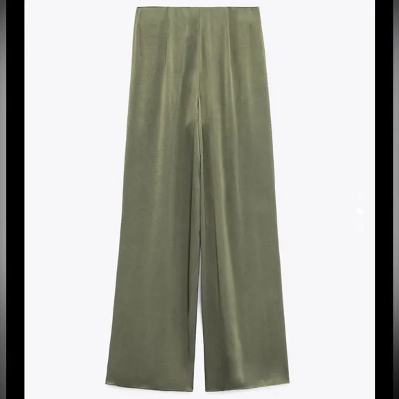 NEW ZARA Satin Effect Full Length Dart Pants in Khaki - Picture 1 of 6